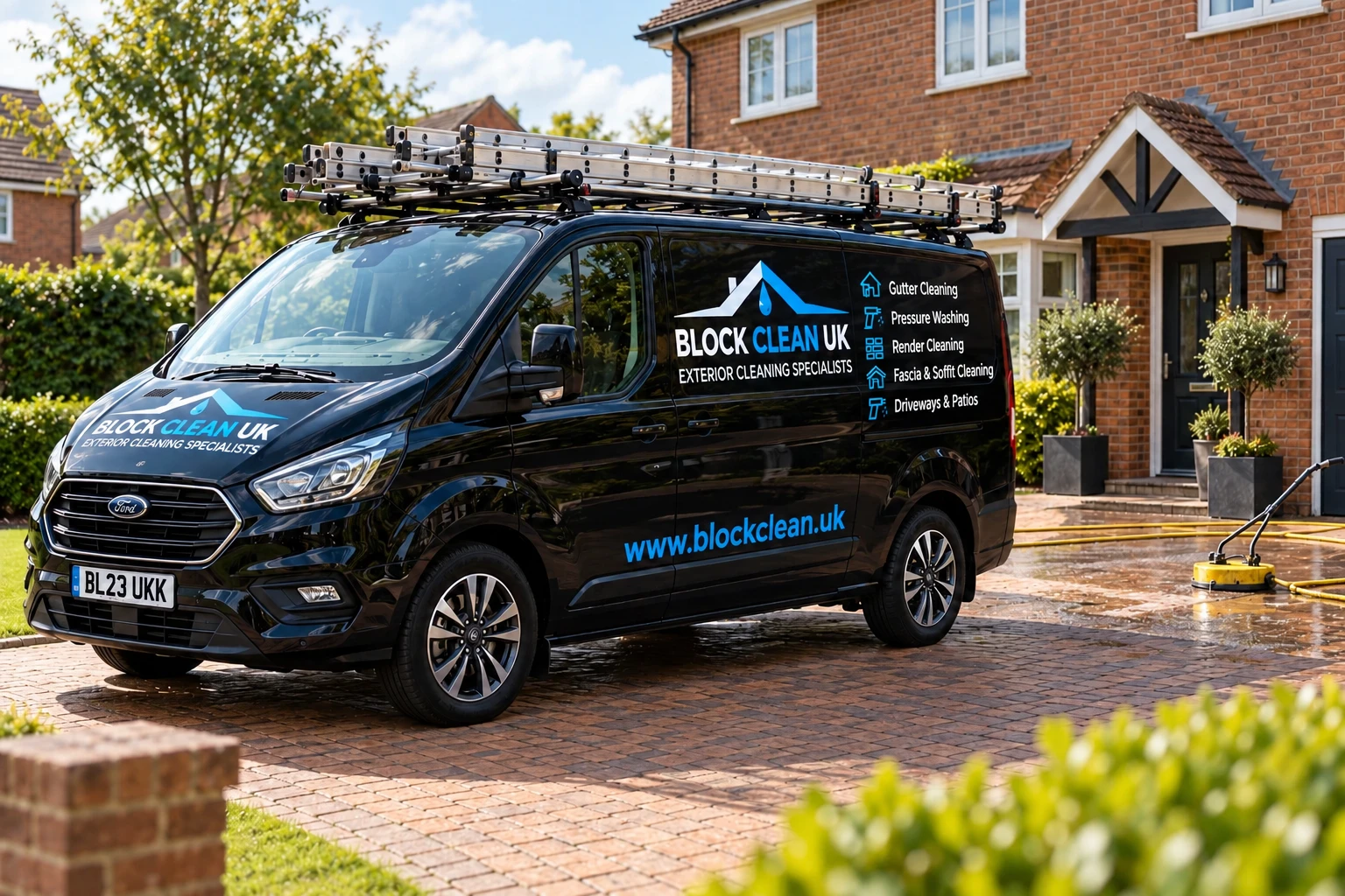 Illustration of a black Block Clean UK branded van with roof-mounted ladders, representing exterior cleaning services across Hampshire, Berkshire, Surrey and Oxfordshire.