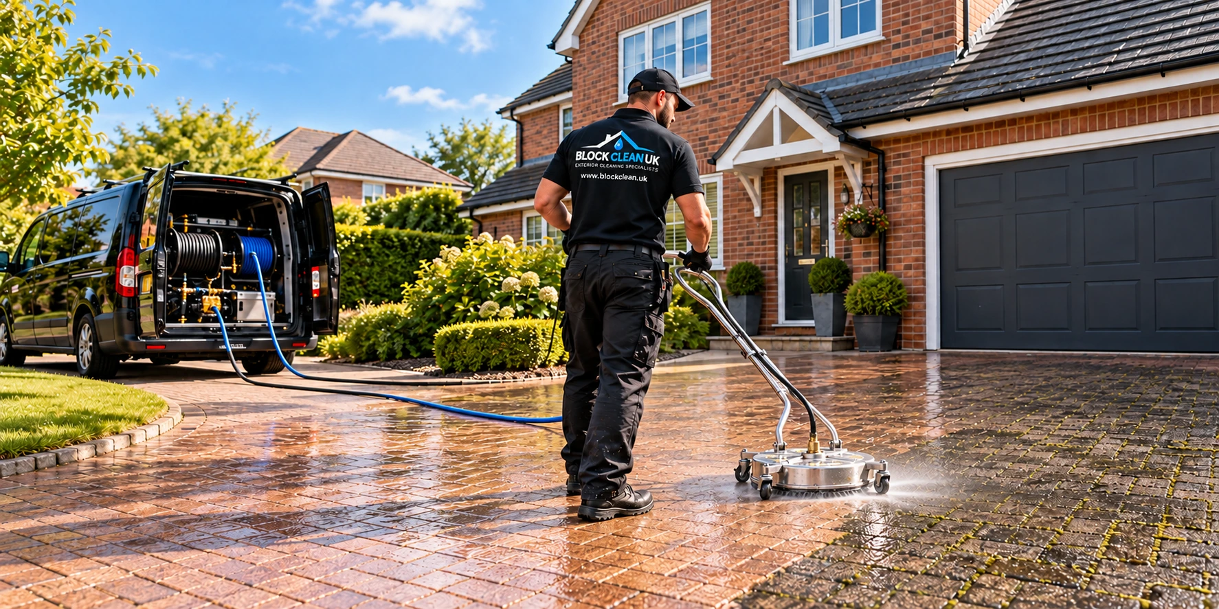 Illustration of a cleaner using a flat surface cleaner for block-paved driveway cleaning, representing driveway cleaning in Eastleigh.