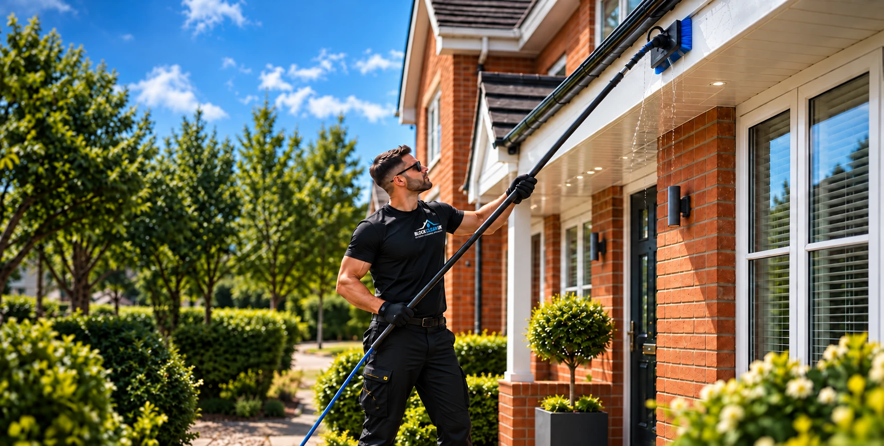 Illustration of a cleaner washing a home’s exterior roofline, representing Block Clean UK’s exterior cleaning services in Basingstoke.