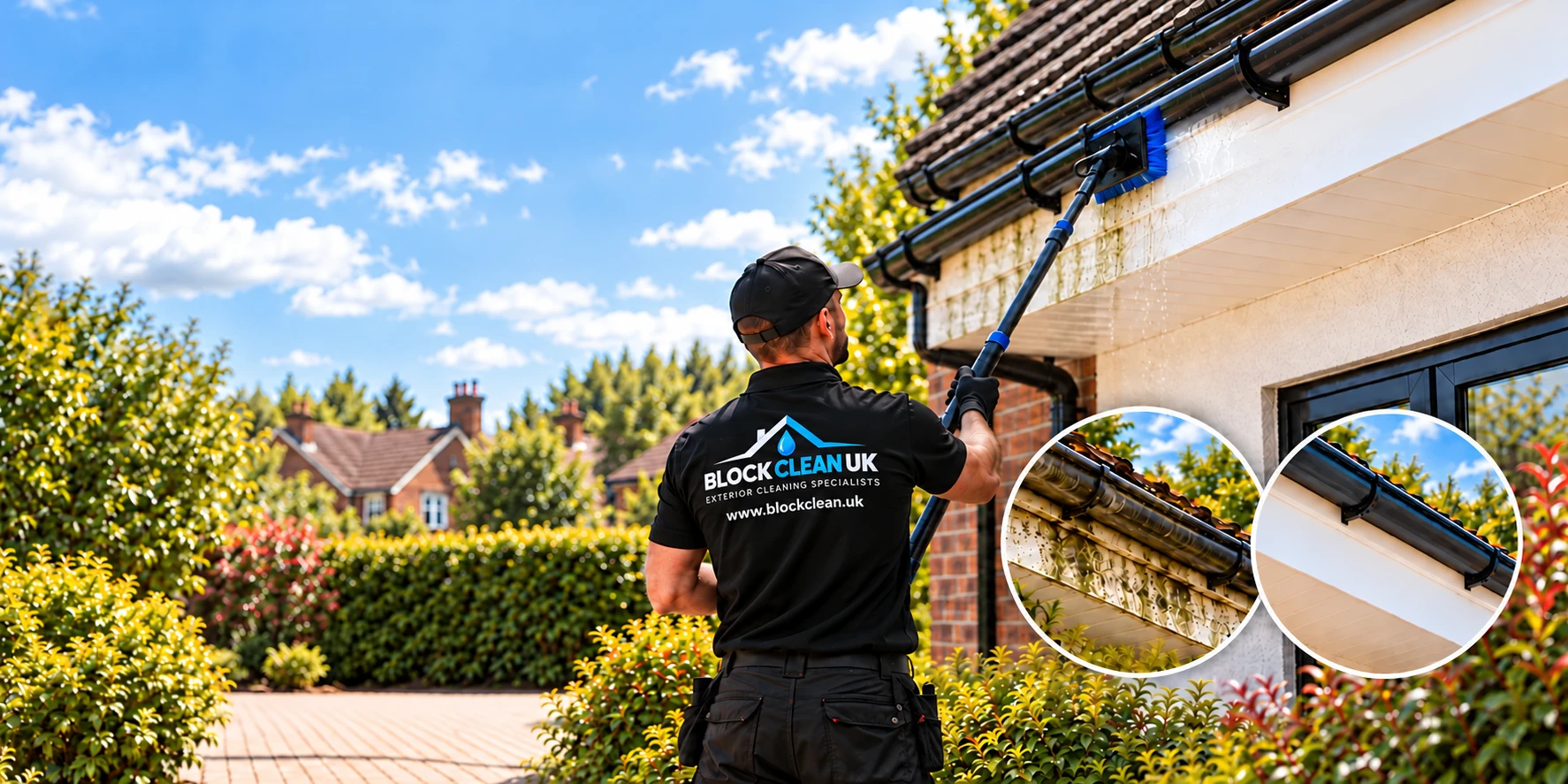Illustration of brush cleaning to remove dirt and algae from fascias, soffits and gutter exteriors, representing exterior cleaning in Hook.