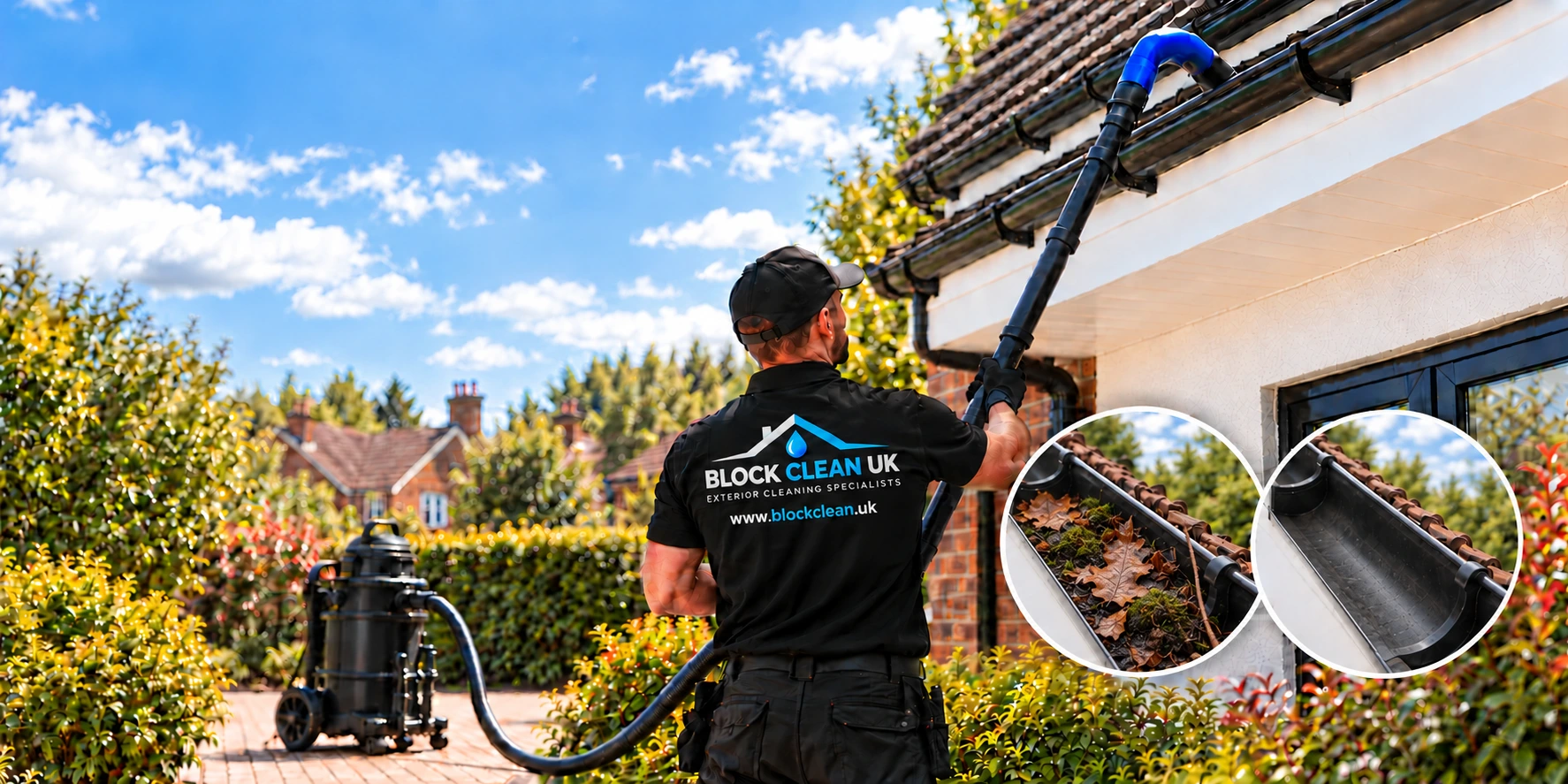 Illustration of a gutter cleaning vacuum removing moss, leaves and debris, representing gutter cleaning in Fleet and surrounding areas.