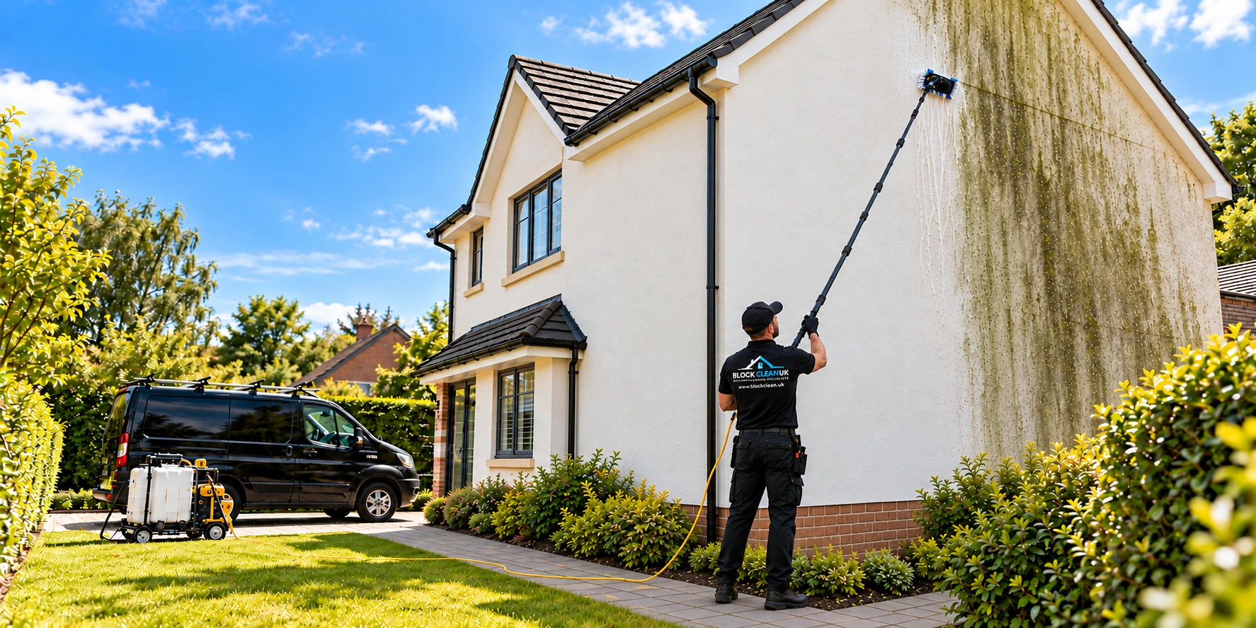Illustration showing cleaned and algae-stained K-Rend on a house, representing render cleaning in Reading.
