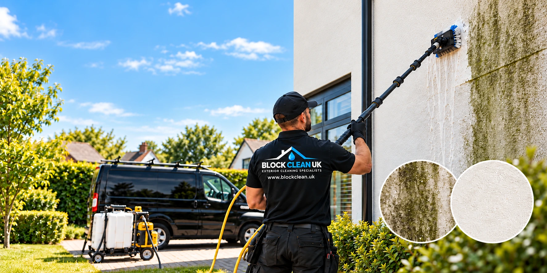 Illustration of a cleaner treating a K-Rend wall, representing render cleaning in Winchester, with close-ups of staining and a clean finish.